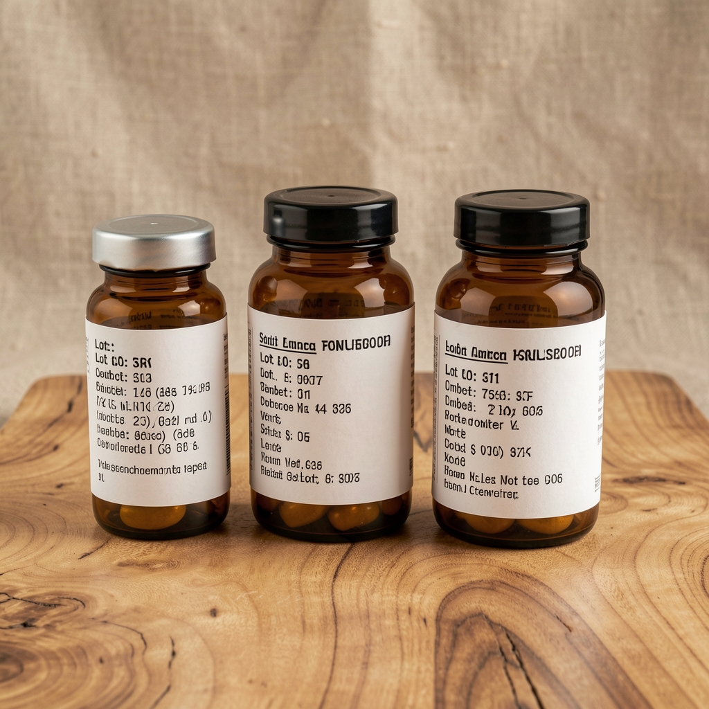 Amber supplement bottles with lot-code labels arranged on natural wood surface with linen background
