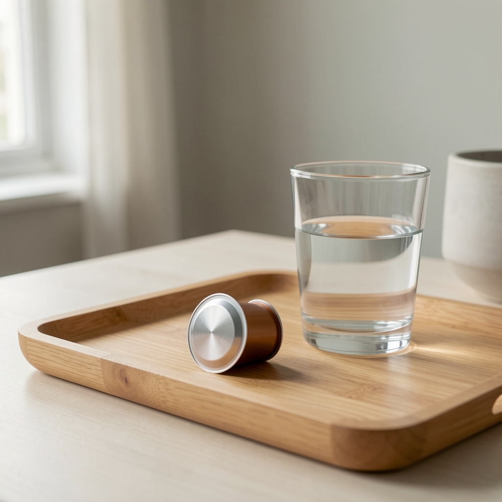 Daily single-serve capsule portion with water glass on minimalist wooden tray morning routine setting