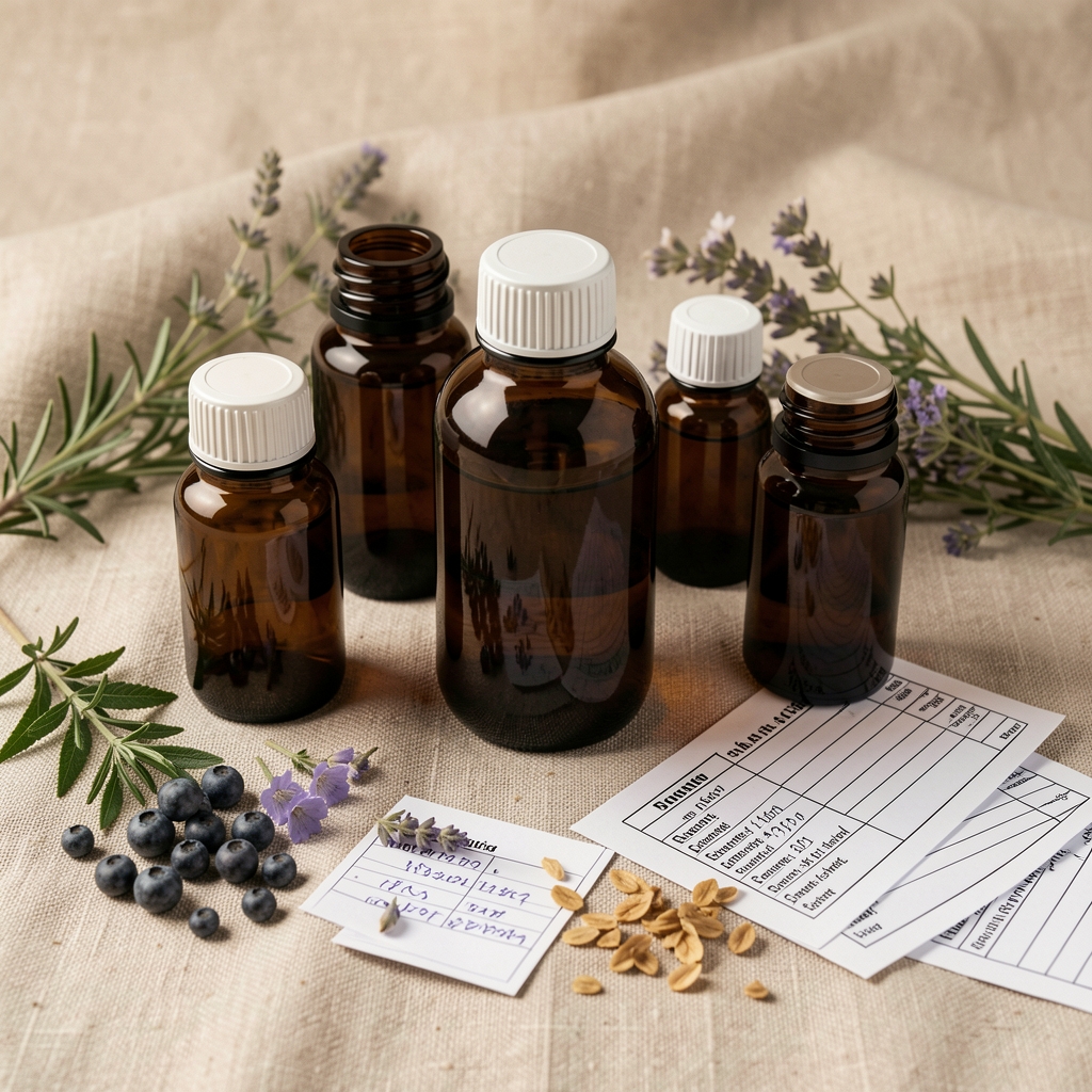 Dark glass amber supplement bottles arranged on a linen surface with botanical ingredients and batch documentation cards, natural studio lighting