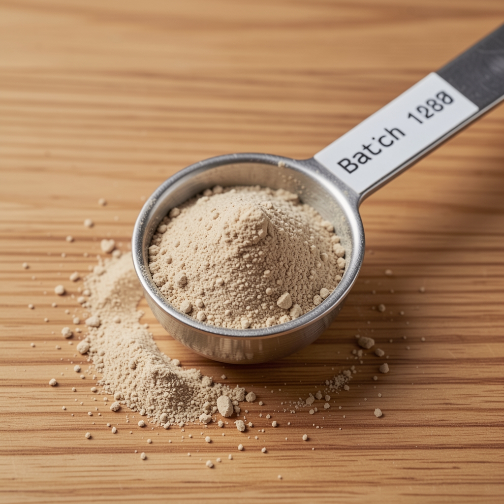 Close-up of mineral powder granulation in laboratory measuring spoon with batch coding label on wooden surface under controlled studio lighting