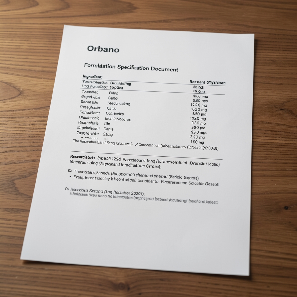 Orbano formulation specification document with ingredient list, quantities, and research citations printed on white paper on a wooden desk under studio lighting