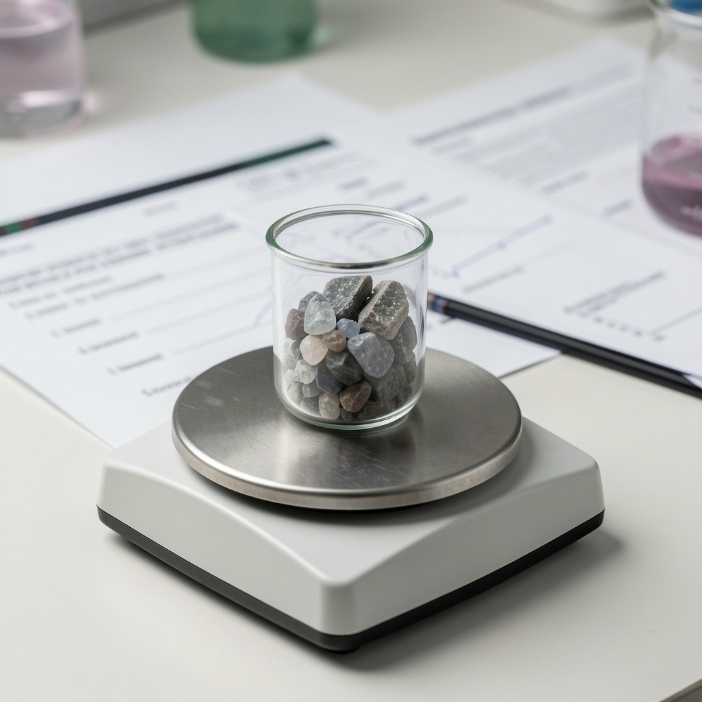 Mineral ingredient sample in a small glass container on a laboratory balance scale with analysis report paperwork visible in background, controlled workspace lighting